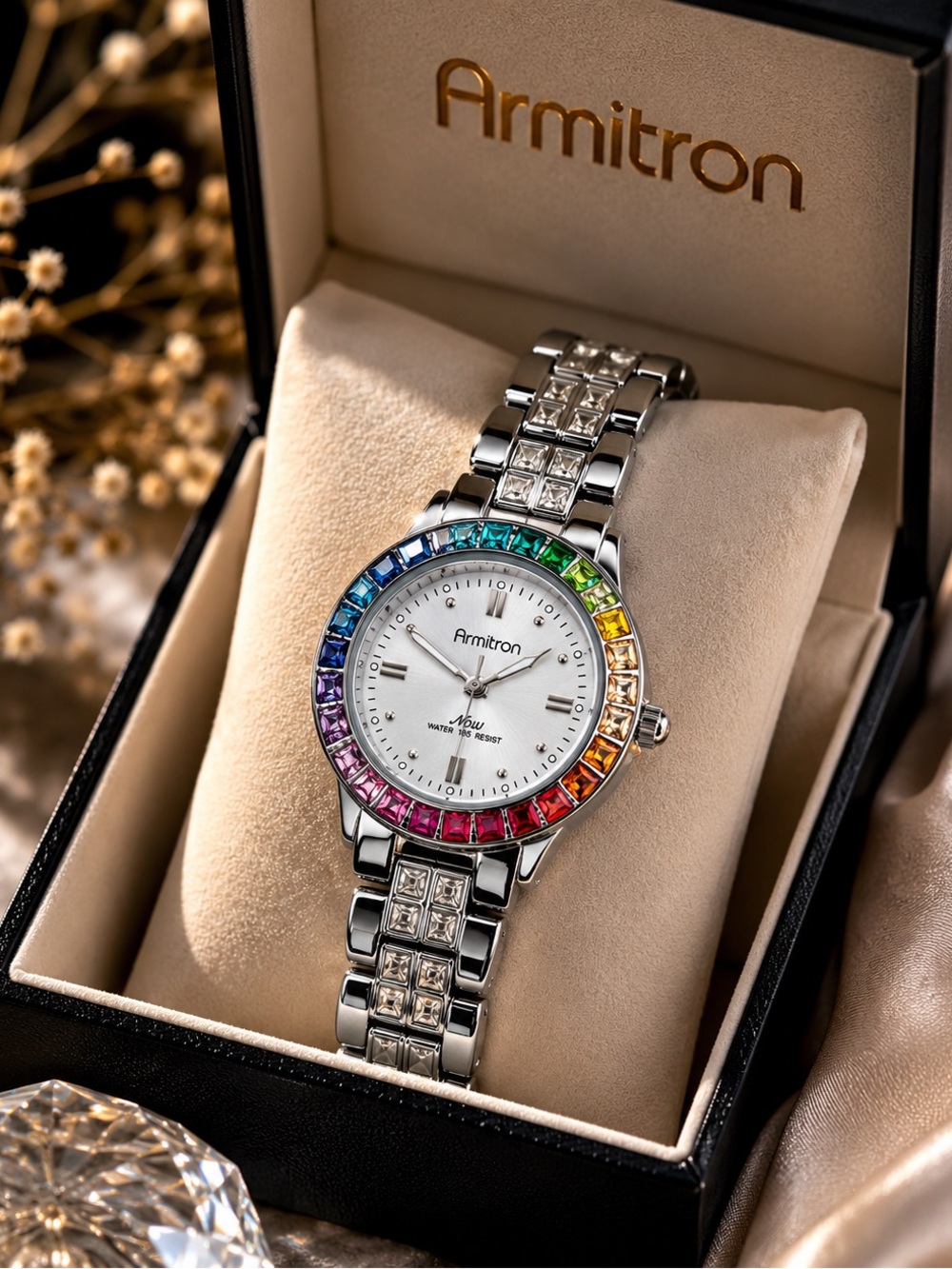 Armitron Silver Women's Watch with Rainbow Crystal Bezel